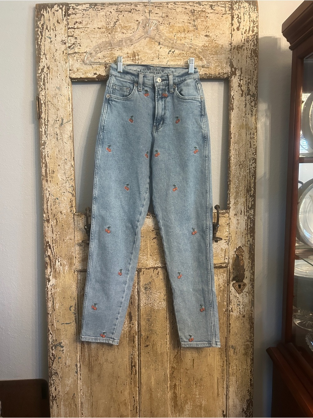 Light Wash Embroidered Cherry High-Rise Curvy Mom Jeans